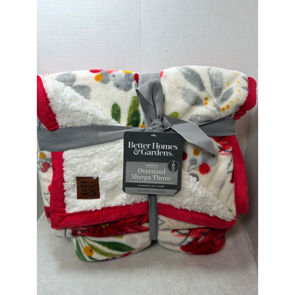 NWT 2021 Better Homes & Gardens Sherpa Throw 50x72 Poinsettia Red White Holiday